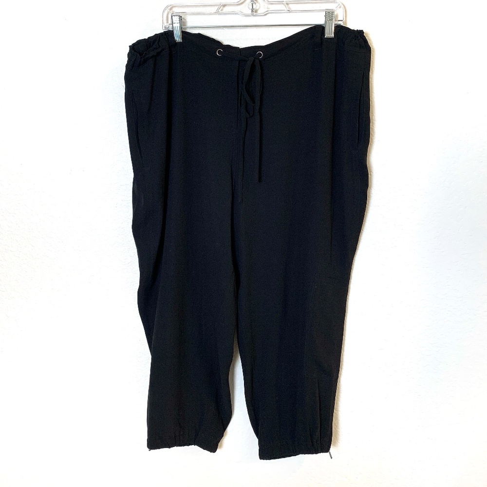 Eileen Fisher Crop Pants XL Black Silk Crepe Drawstring Waist Ankle Zipper